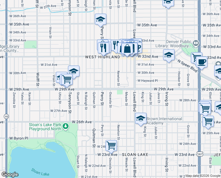 map of restaurants, bars, coffee shops, grocery stores, and more near West 29th Avenue & Osceola Street in Denver