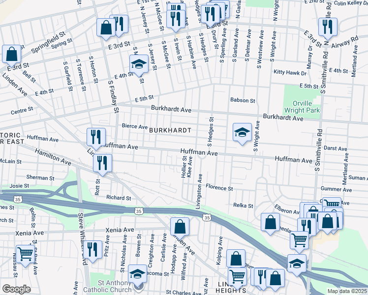map of restaurants, bars, coffee shops, grocery stores, and more near 1047 Huffman Avenue in Dayton