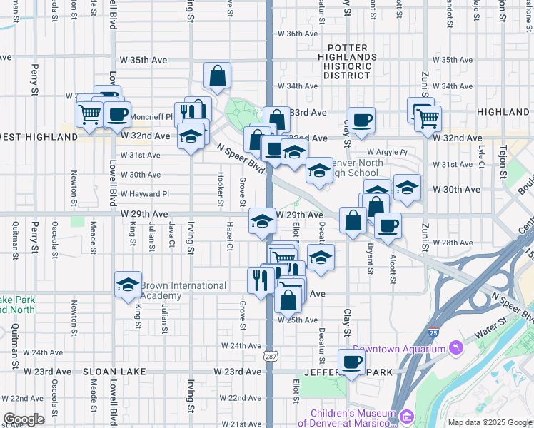 map of restaurants, bars, coffee shops, grocery stores, and more near 3005 West 29th Avenue in Denver