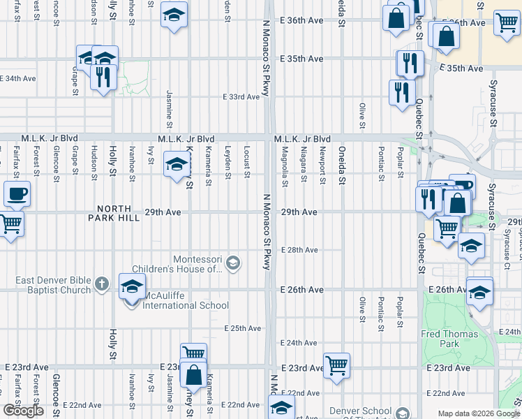 map of restaurants, bars, coffee shops, grocery stores, and more near 2923 North Monaco Parkway in Denver