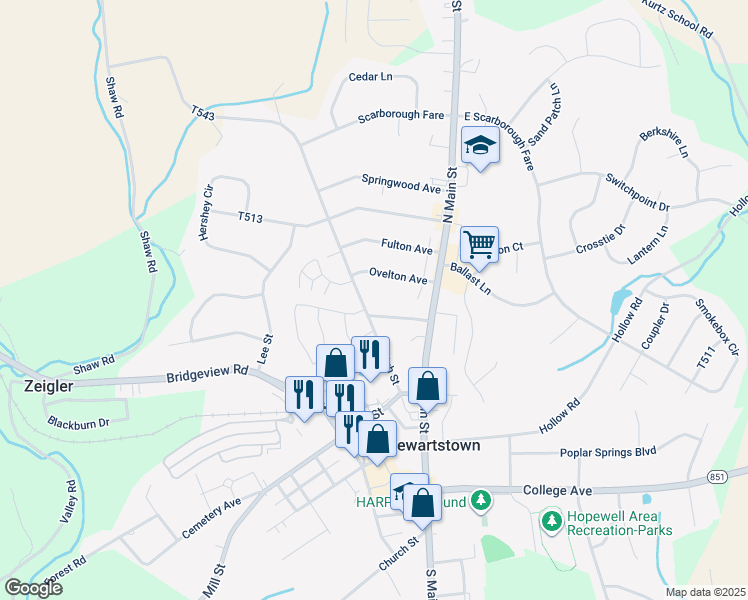 map of restaurants, bars, coffee shops, grocery stores, and more near 53 High Street in Stewartstown