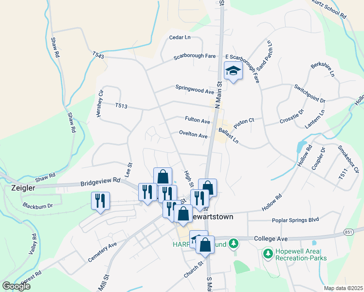 map of restaurants, bars, coffee shops, grocery stores, and more near 53 High Street in Stewartstown