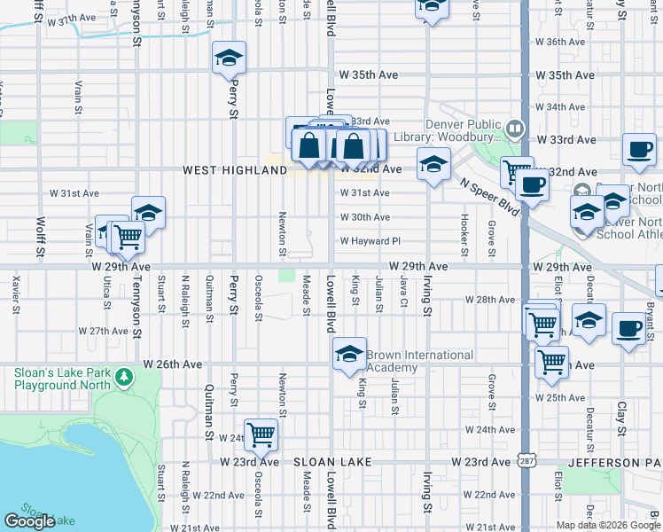 map of restaurants, bars, coffee shops, grocery stores, and more near Lowell Blvd & W 29th Ave in Denver