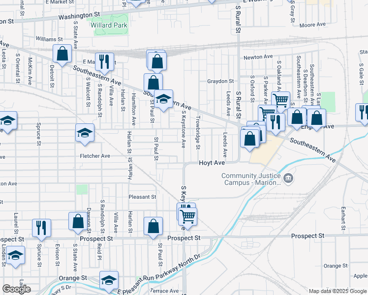 map of restaurants, bars, coffee shops, grocery stores, and more near 541 South Keystone Avenue in Indianapolis