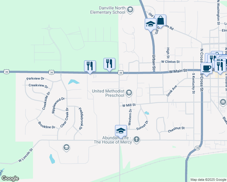 map of restaurants, bars, coffee shops, grocery stores, and more near 1201 Meadowood Drive in Danville