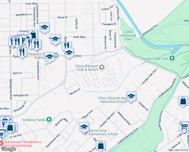 map of restaurants, bars, coffee shops, grocery stores, and more near 1595 Manzanita Avenue in Chico