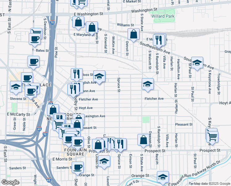 map of restaurants, bars, coffee shops, grocery stores, and more near 1445 Spann Avenue in Indianapolis