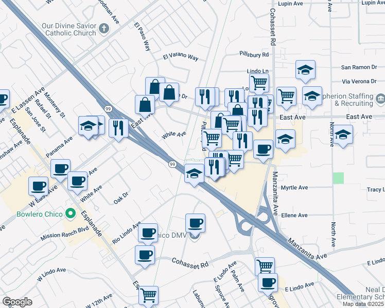 map of restaurants, bars, coffee shops, grocery stores, and more near 30 Plaza Way in Chico