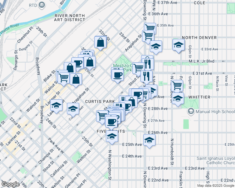 map of restaurants, bars, coffee shops, grocery stores, and more near 2921 Stout Street in Denver