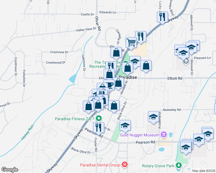 map of restaurants, bars, coffee shops, grocery stores, and more near 6407 Skyway in Paradise