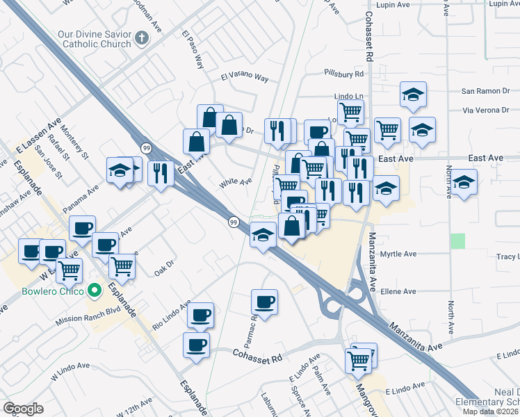 map of restaurants, bars, coffee shops, grocery stores, and more near 30 Plaza Way in Chico
