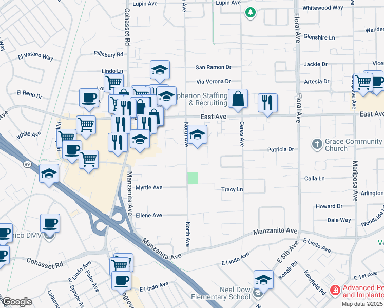 map of restaurants, bars, coffee shops, grocery stores, and more near 2376 North Avenue in Chico