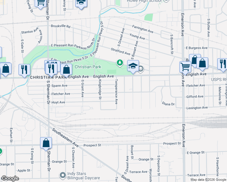 map of restaurants, bars, coffee shops, grocery stores, and more near 4352 Fletcher Avenue in Indianapolis