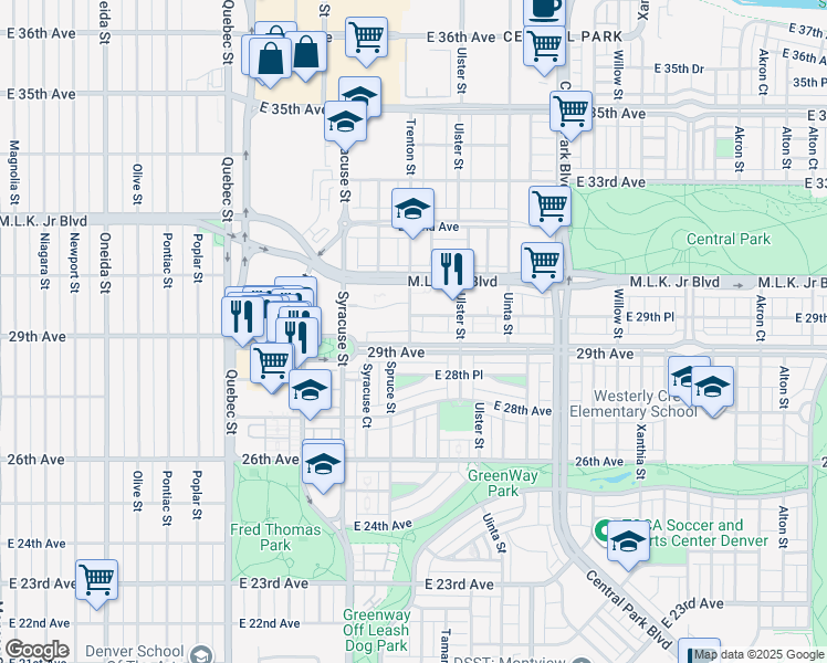 map of restaurants, bars, coffee shops, grocery stores, and more near 2944 Trenton Street in Denver