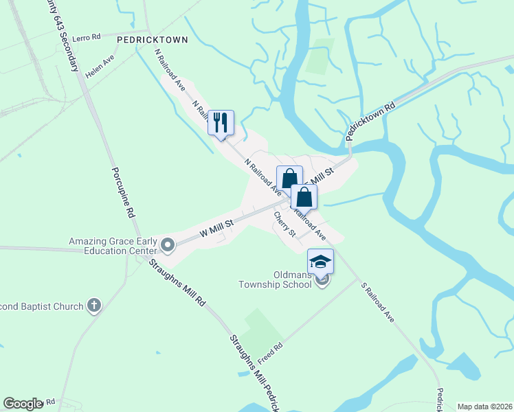 map of restaurants, bars, coffee shops, grocery stores, and more near 26 West Mill Street in Pedricktown