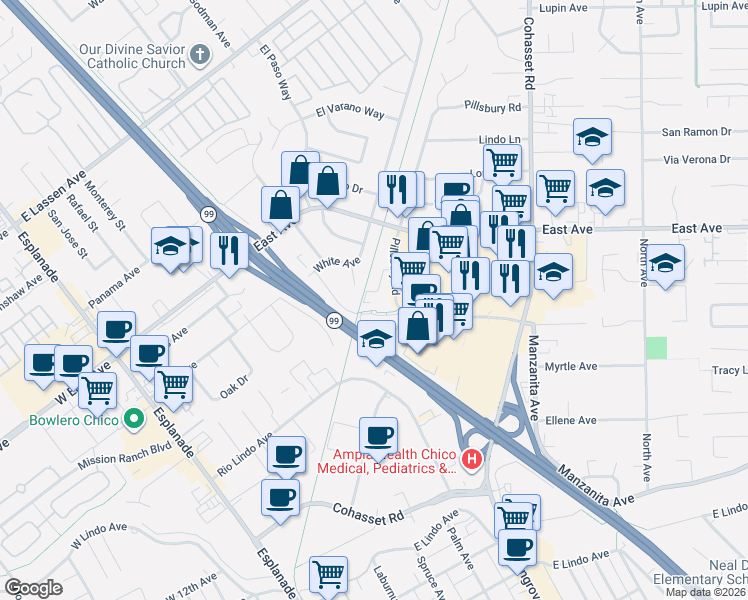 map of restaurants, bars, coffee shops, grocery stores, and more near 30 Plaza Way in Chico