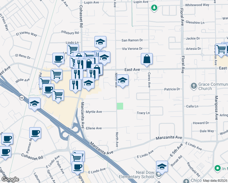 map of restaurants, bars, coffee shops, grocery stores, and more near 5 Cottage Avenue in Chico