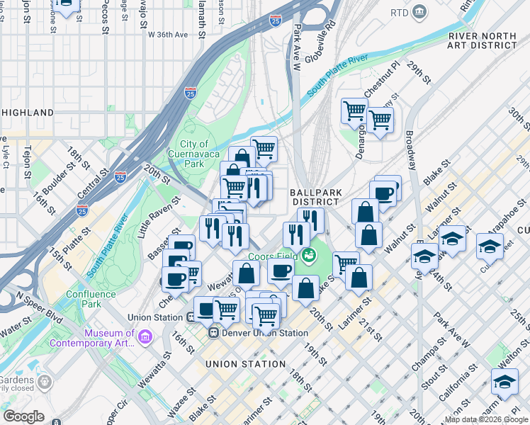 map of restaurants, bars, coffee shops, grocery stores, and more near 2925 Huron Street in Denver