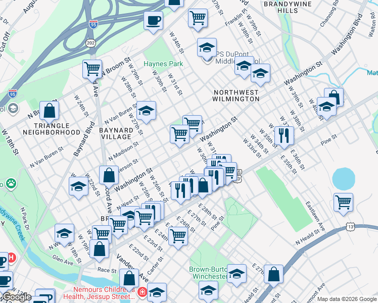 map of restaurants, bars, coffee shops, grocery stores, and more near in Wilmington