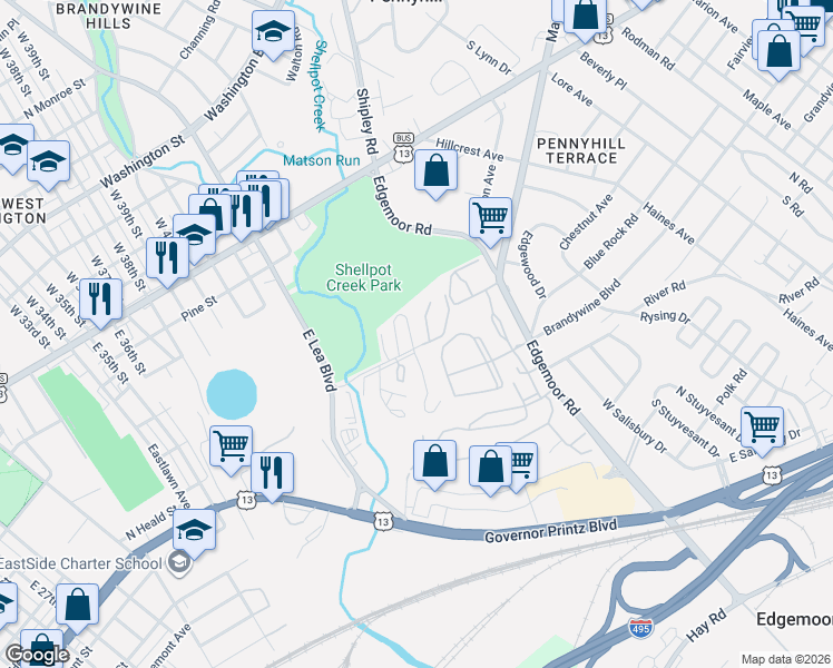 map of restaurants, bars, coffee shops, grocery stores, and more near 9 Courtyard Lane in Wilmington