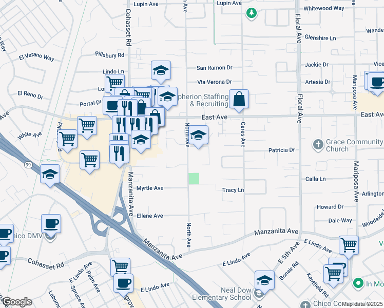 map of restaurants, bars, coffee shops, grocery stores, and more near 2376 North Avenue in Chico