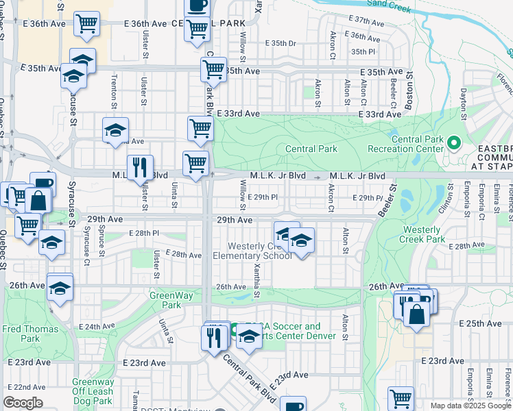 map of restaurants, bars, coffee shops, grocery stores, and more near 8673 East 29th Place in Denver