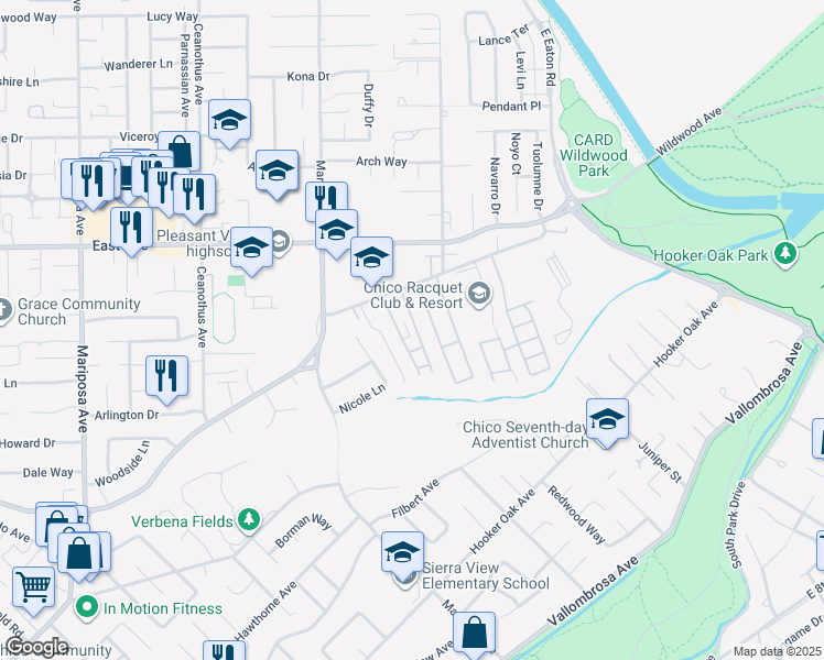 map of restaurants, bars, coffee shops, grocery stores, and more near 985 Jonell Lane in Chico
