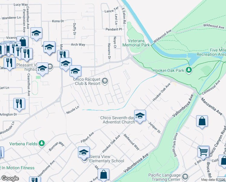 map of restaurants, bars, coffee shops, grocery stores, and more near 1675 Manzanita Avenue in Chico