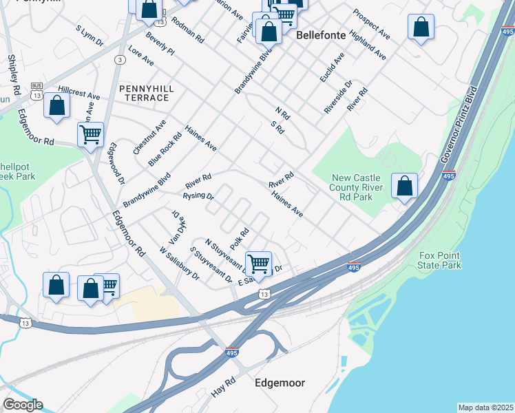 map of restaurants, bars, coffee shops, grocery stores, and more near 39 North Cannon Drive in Wilmington