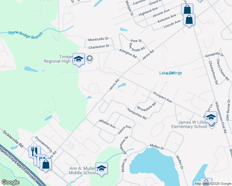map of restaurants, bars, coffee shops, grocery stores, and more near 450 Jarvis Road in Sicklerville