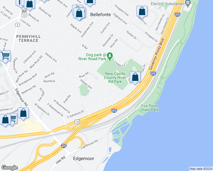 map of restaurants, bars, coffee shops, grocery stores, and more near 1300 Lore Avenue in Wilmington