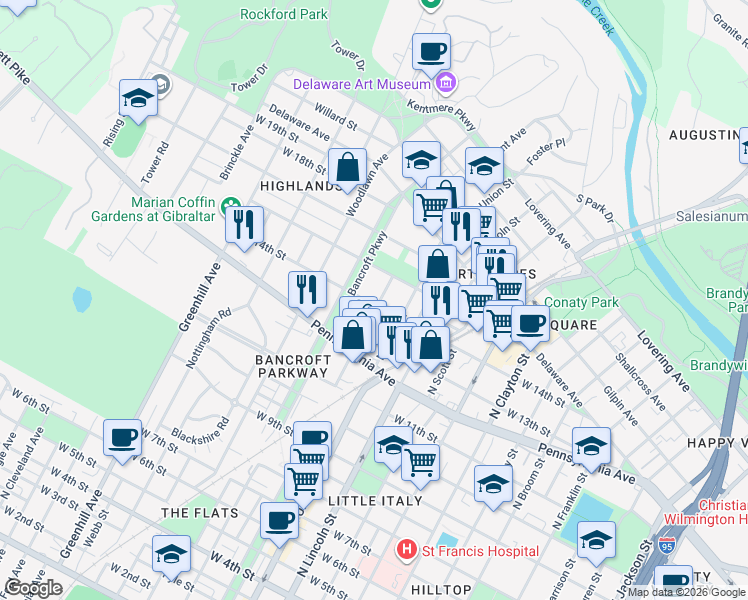 map of restaurants, bars, coffee shops, grocery stores, and more near 1402 North Bancroft Parkway in Wilmington