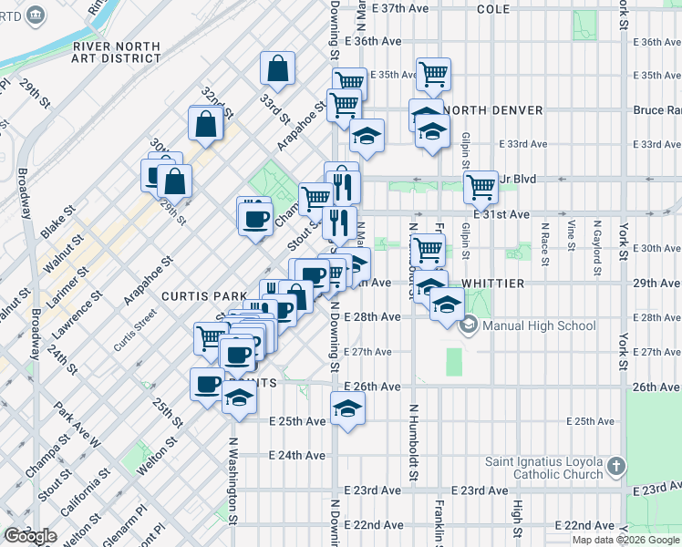 map of restaurants, bars, coffee shops, grocery stores, and more near 2952 North Downing Street in Denver