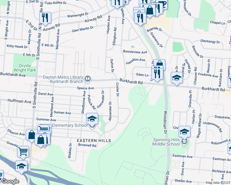 map of restaurants, bars, coffee shops, grocery stores, and more near 2032 Speice Avenue in Dayton
