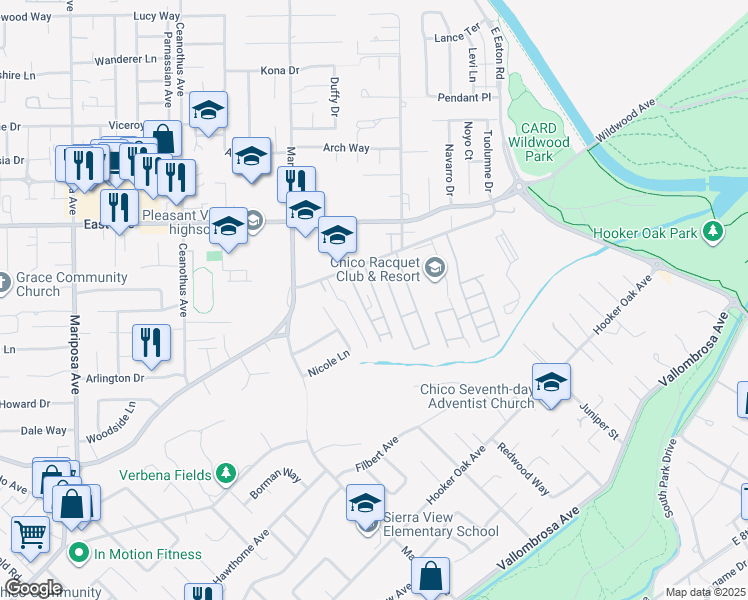 map of restaurants, bars, coffee shops, grocery stores, and more near 985 Jonell Lane in Chico