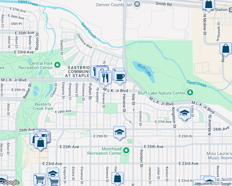 map of restaurants, bars, coffee shops, grocery stores, and more near 10462 East 29th Drive in Denver