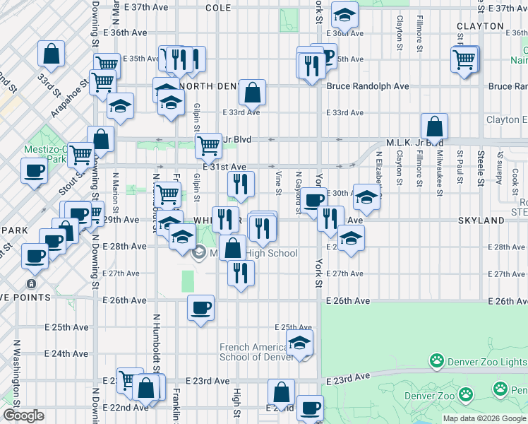 map of restaurants, bars, coffee shops, grocery stores, and more near 2939 Vine Street in Denver