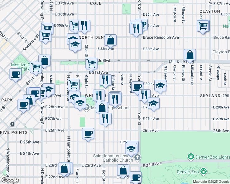 map of restaurants, bars, coffee shops, grocery stores, and more near 2939 Vine Street in Denver