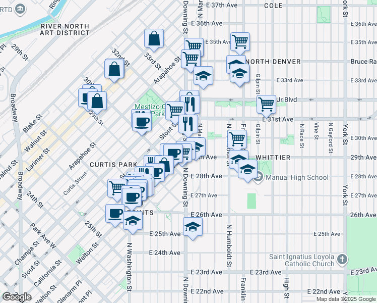 map of restaurants, bars, coffee shops, grocery stores, and more near 2952 North Downing Street in Denver