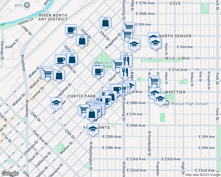 map of restaurants, bars, coffee shops, grocery stores, and more near 3015 Stout Street in Denver