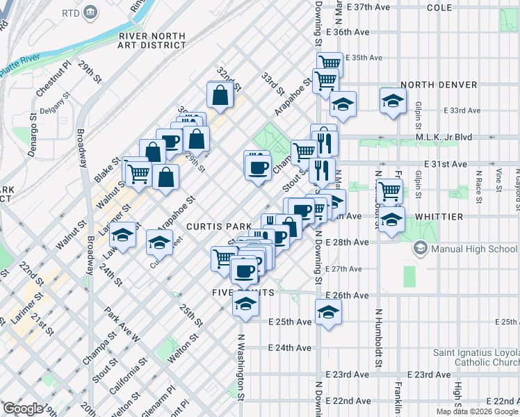 map of restaurants, bars, coffee shops, grocery stores, and more near 2930 Champa Street in Denver