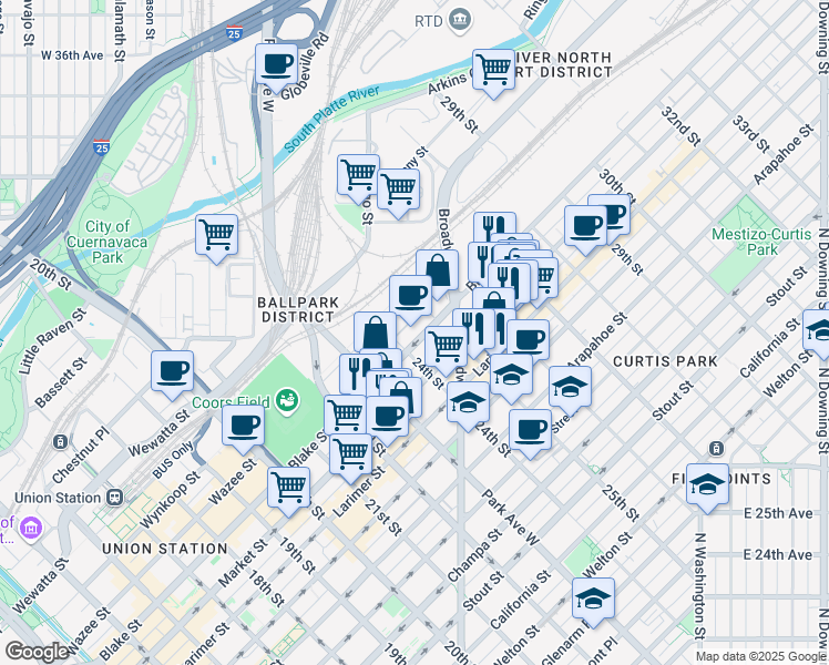 map of restaurants, bars, coffee shops, grocery stores, and more near 2399 Blake Street in Denver