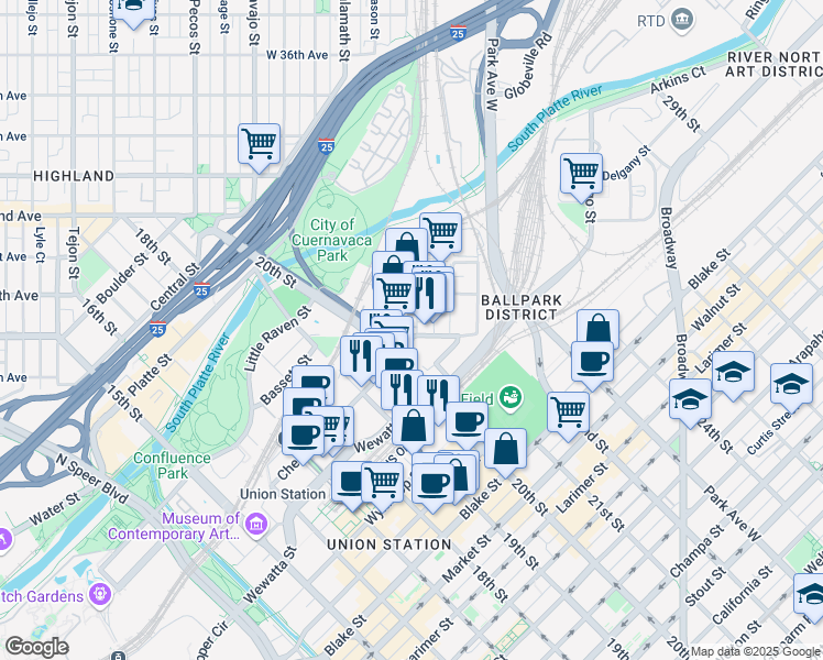 map of restaurants, bars, coffee shops, grocery stores, and more near in Denver