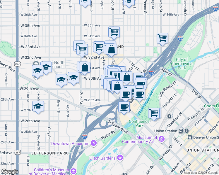map of restaurants, bars, coffee shops, grocery stores, and more near 2925 15th Street in Denver