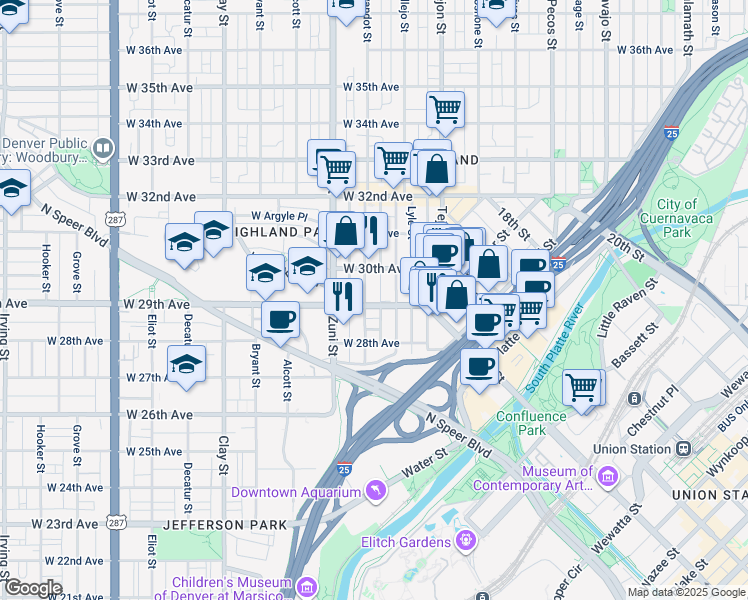 map of restaurants, bars, coffee shops, grocery stores, and more near 2205 West 29th Avenue in Denver