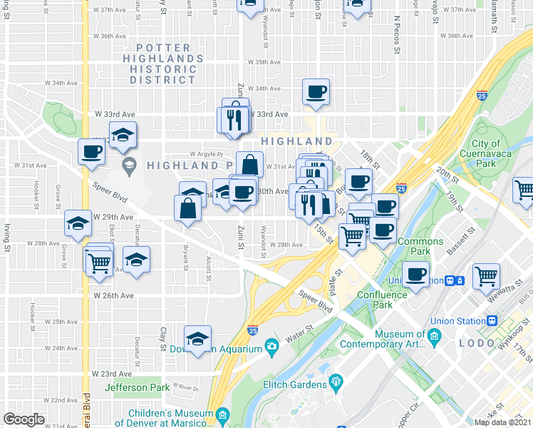 map of restaurants, bars, coffee shops, grocery stores, and more near 2933 Wyandot Street in Denver