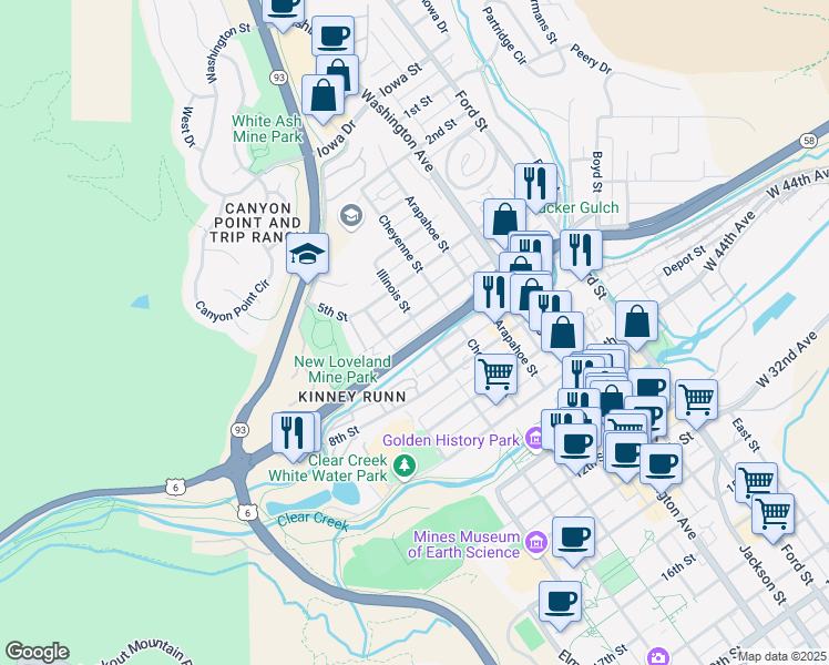 map of restaurants, bars, coffee shops, grocery stores, and more near 1023 6th Street in Golden