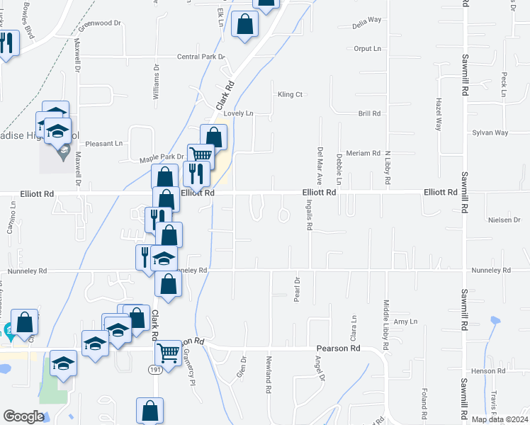 map of restaurants, bars, coffee shops, grocery stores, and more near 1246 Elliott Road in Paradise