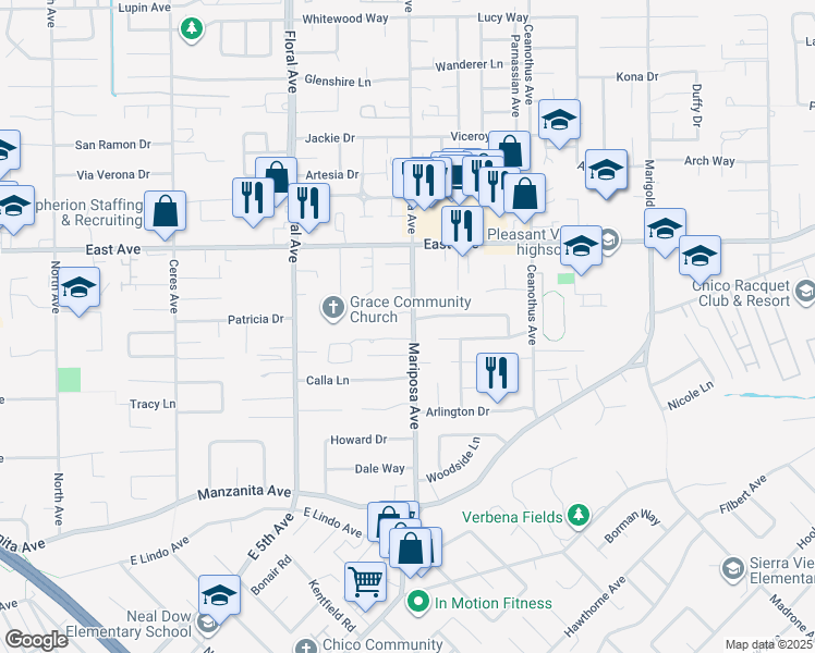 map of restaurants, bars, coffee shops, grocery stores, and more near 3 Jenny Way in Chico