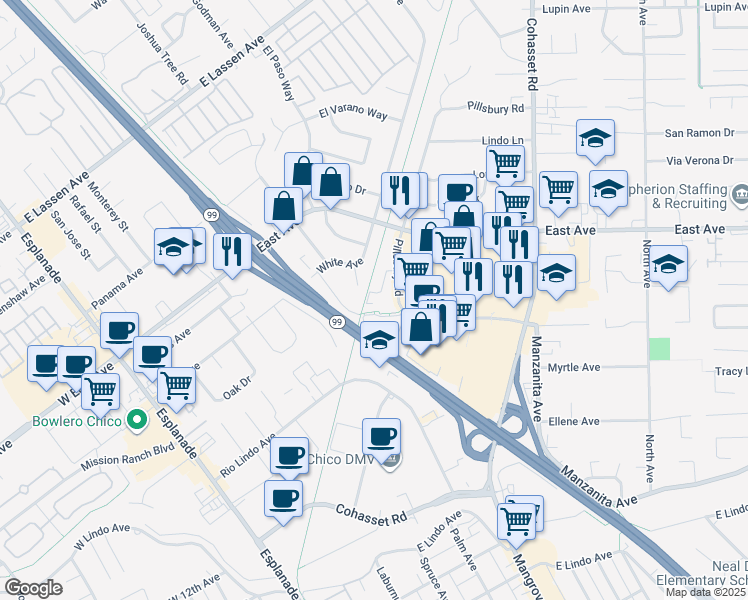 map of restaurants, bars, coffee shops, grocery stores, and more near 6 El Cortez Circle in Chico